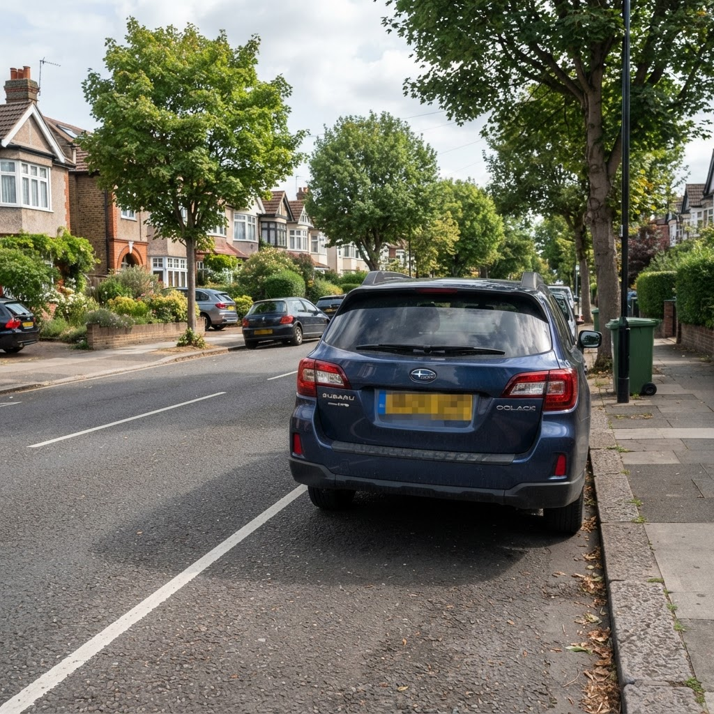 A street scene with a parked vehicle whose registration plate is blurred while the rest of the frame is left intact.