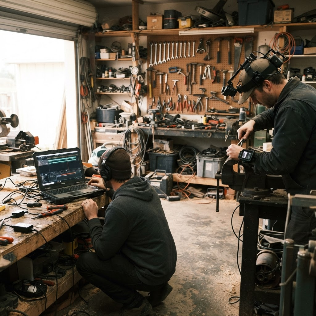 An operator checking a recording on a laptop while a second person wearing a capture rig works at a vise in a garage workshop.