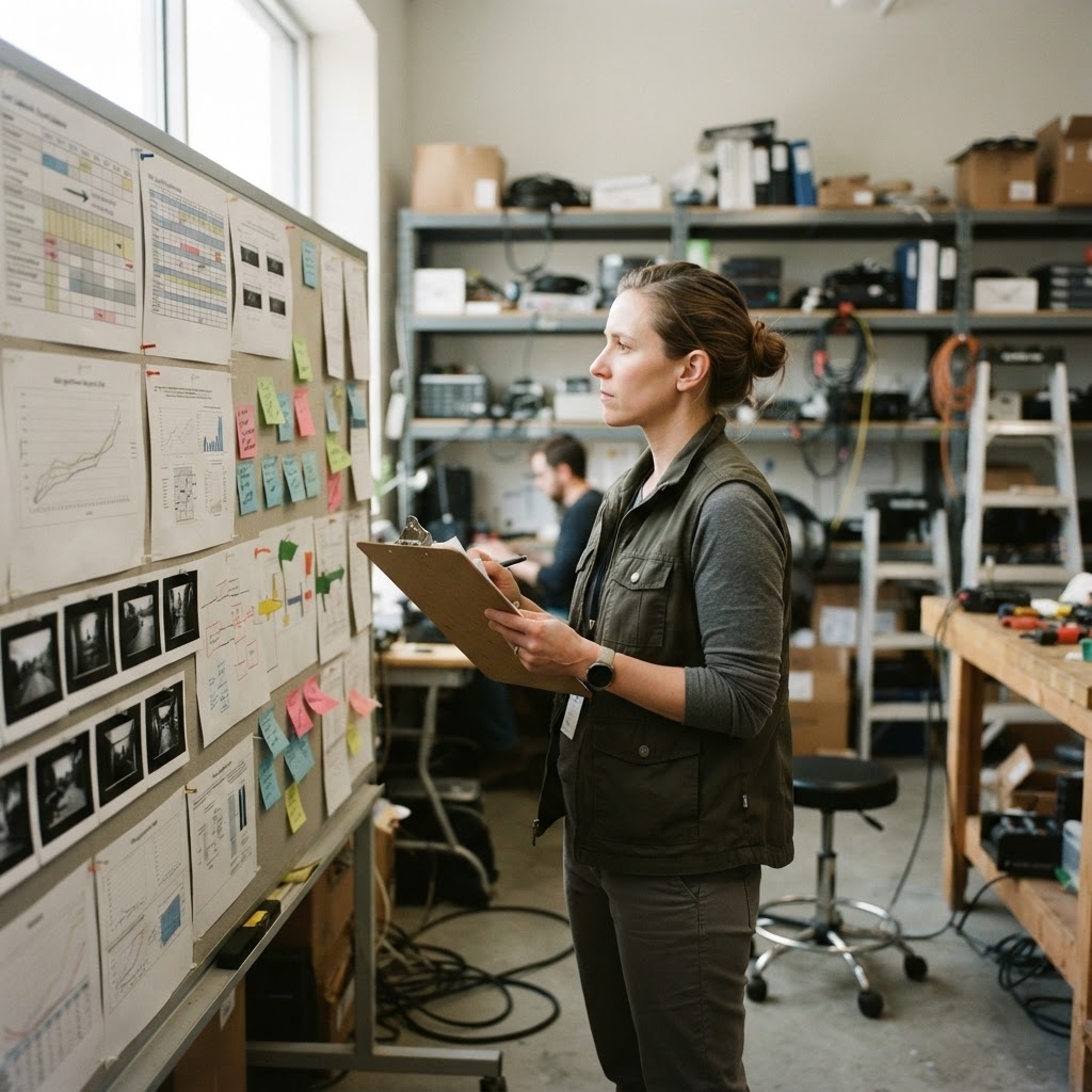 A data-collection coordinator reviews a printed specification sheet, schedule, and sample frames pinned to a wall.