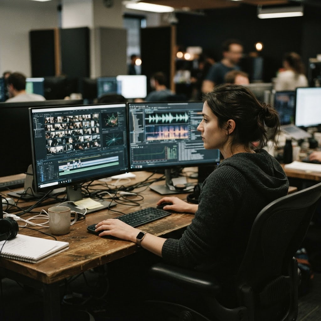 A data engineer quality-checks a grid of collected training clips across two monitors.