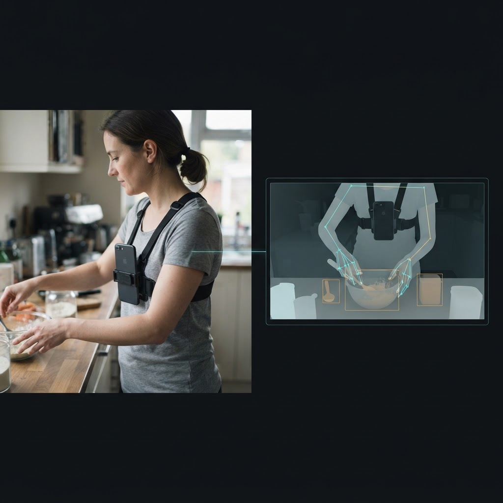 A contributor wearing a chest-mounted smartphone for hands-free first-person capture in a kitchen, beside a graphic of the phone's point-of-view frame with hand-pose, depth and bounding-box annotation layers linked back to the phone.