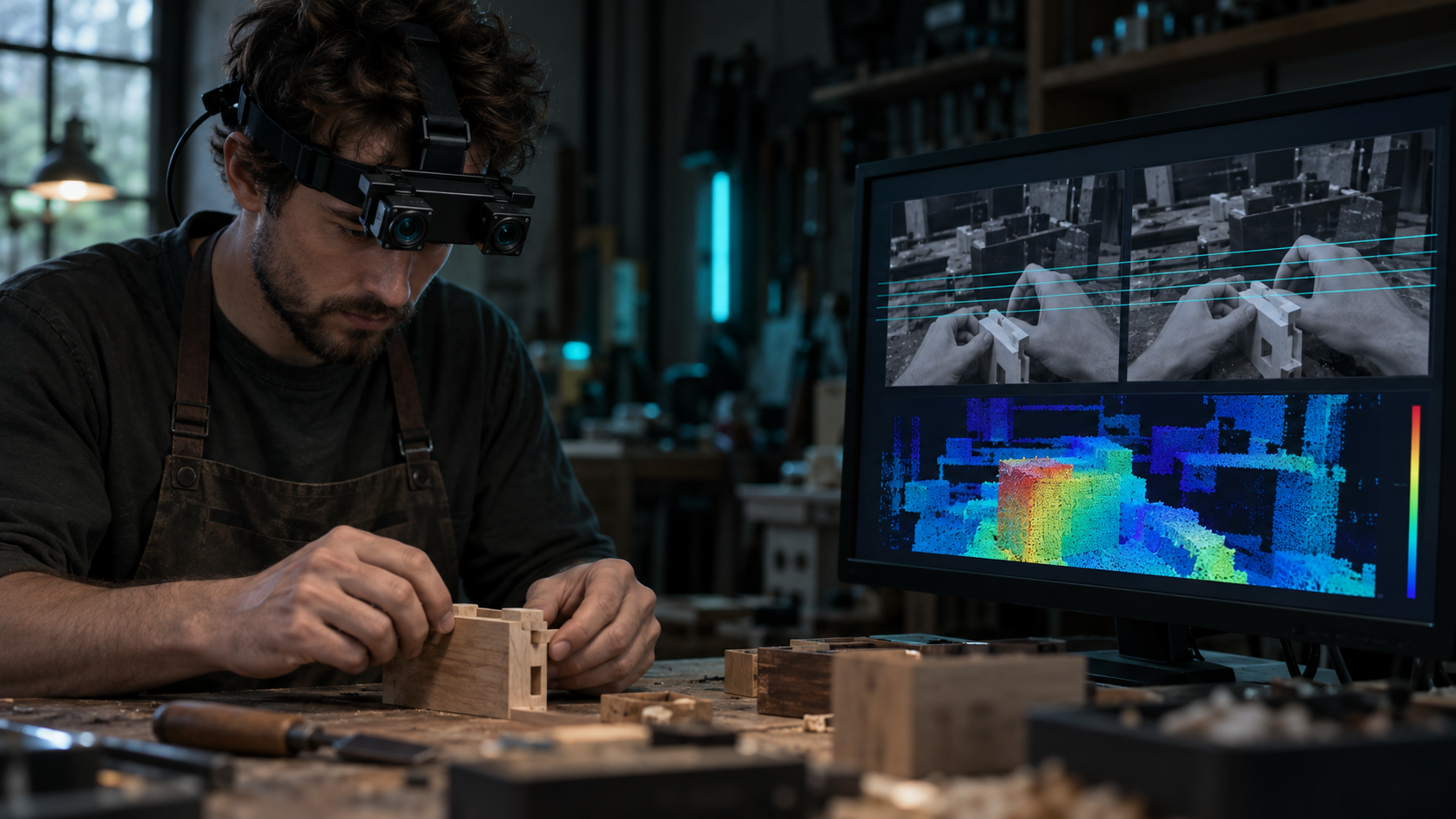 A person wearing a head-mounted stereo camera works at a bench beside a monitor showing left and right views with a depth overlay.