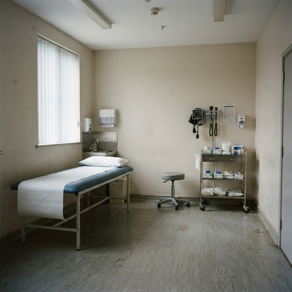 A small plain clinical training room with an examination bed and supplies trolley.