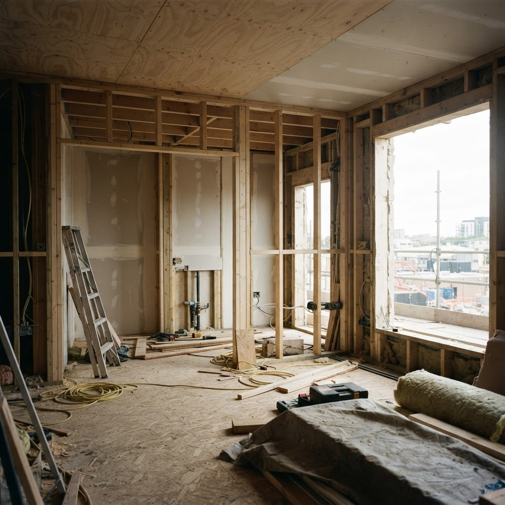 A building interior under construction with exposed stud framing.