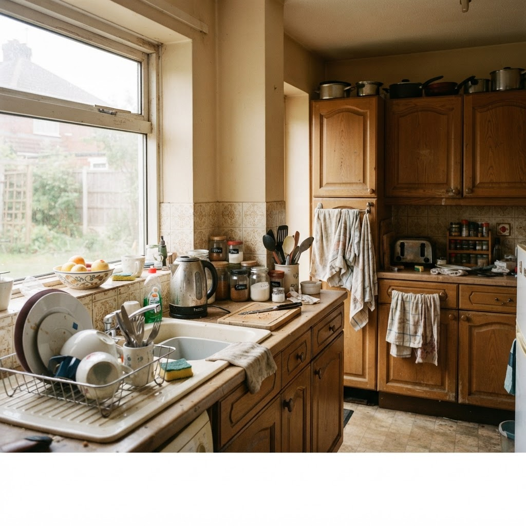 A lived-in domestic kitchen with everyday clutter on the counters.