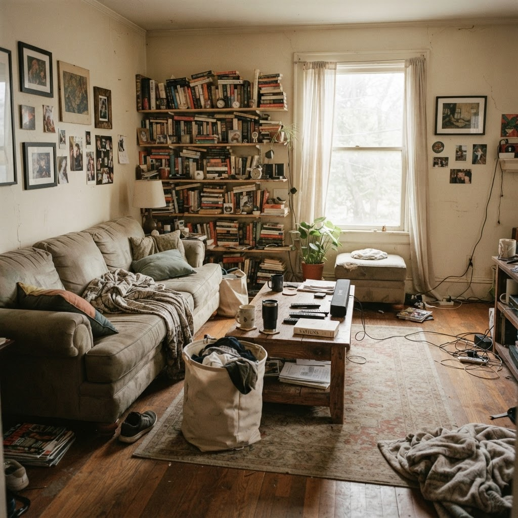 A lived-in living room with a worn sofa, mugs on the coffee table and a laundry basket
