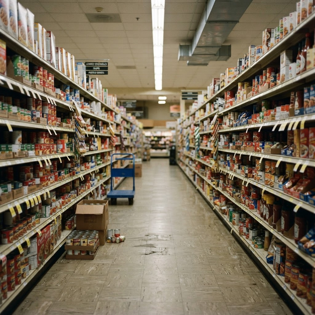 A grocery shelf aisle with a part-emptied case on the floor.