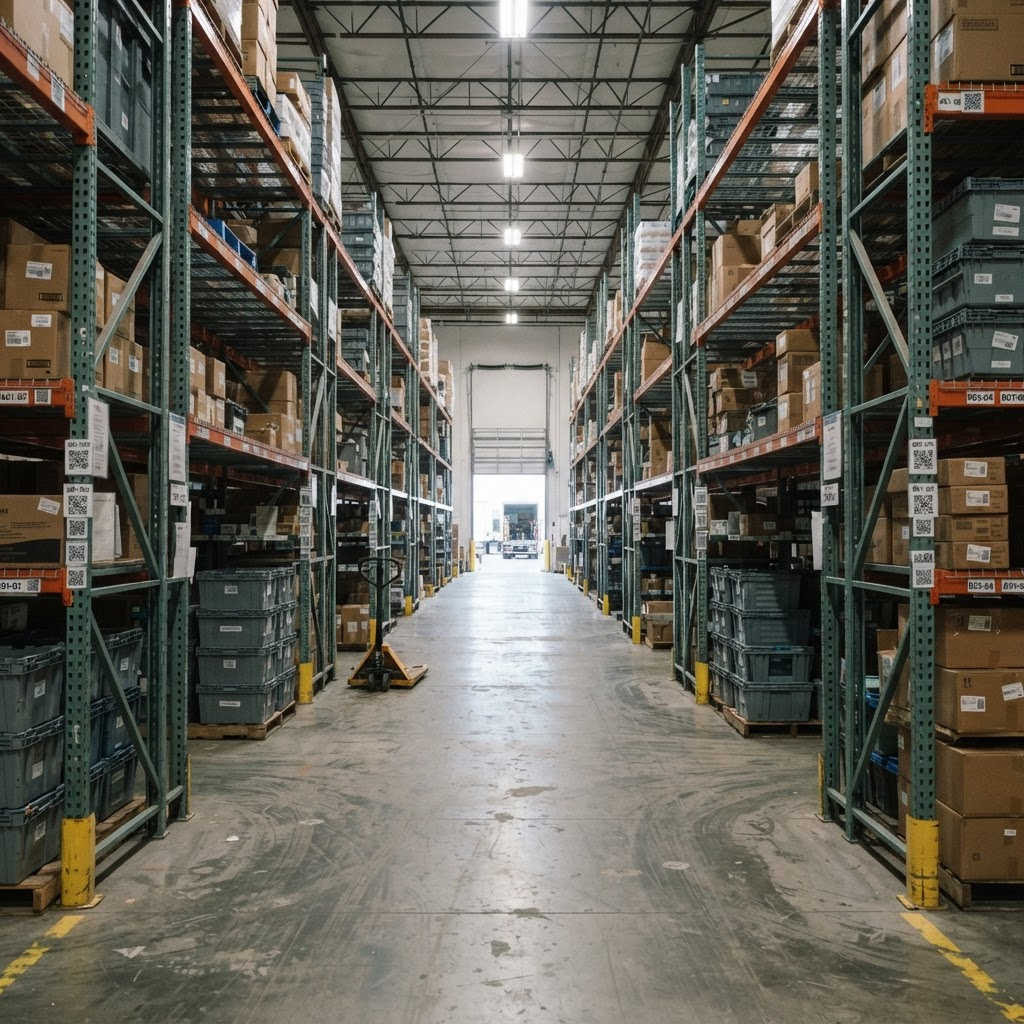 A warehouse pick aisle with steel racking, cartons and totes.