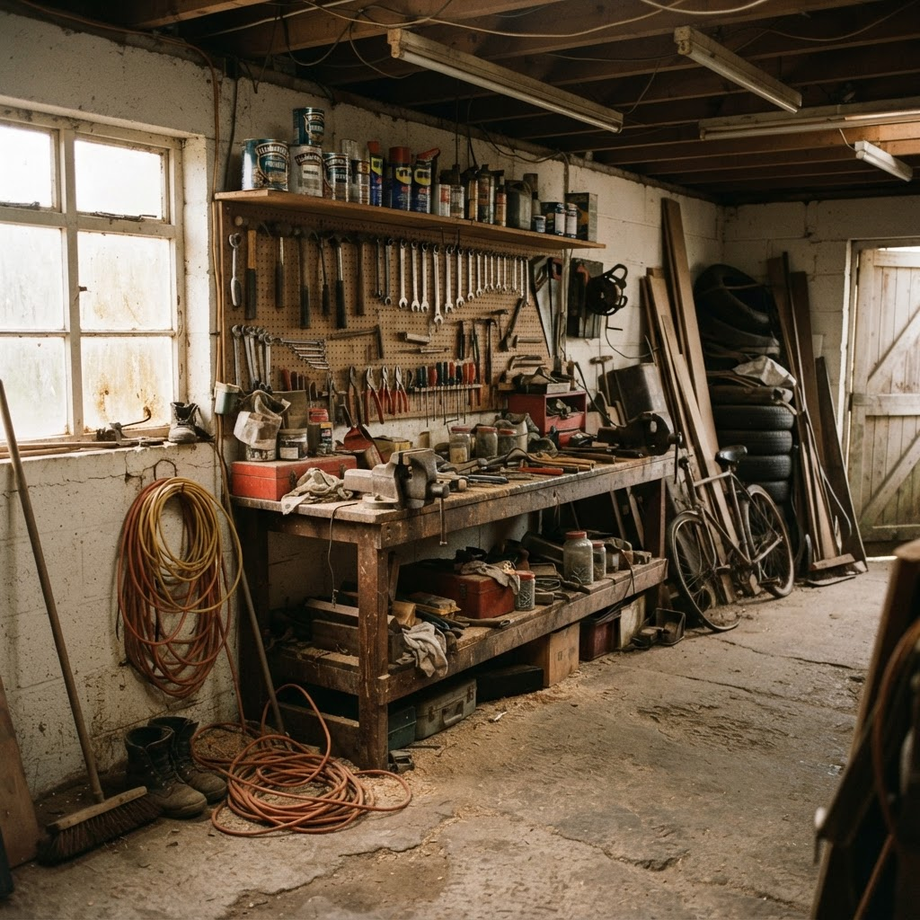 A garage workshop bench with a vise and hand tools on a pegboard.