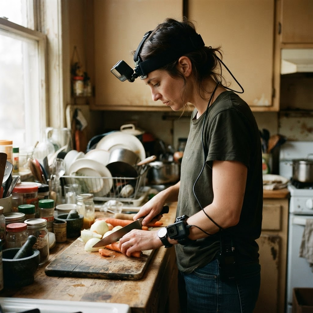 A person wearing the head-mounted rig while chopping vegetables in a real, cluttered home kitchen.