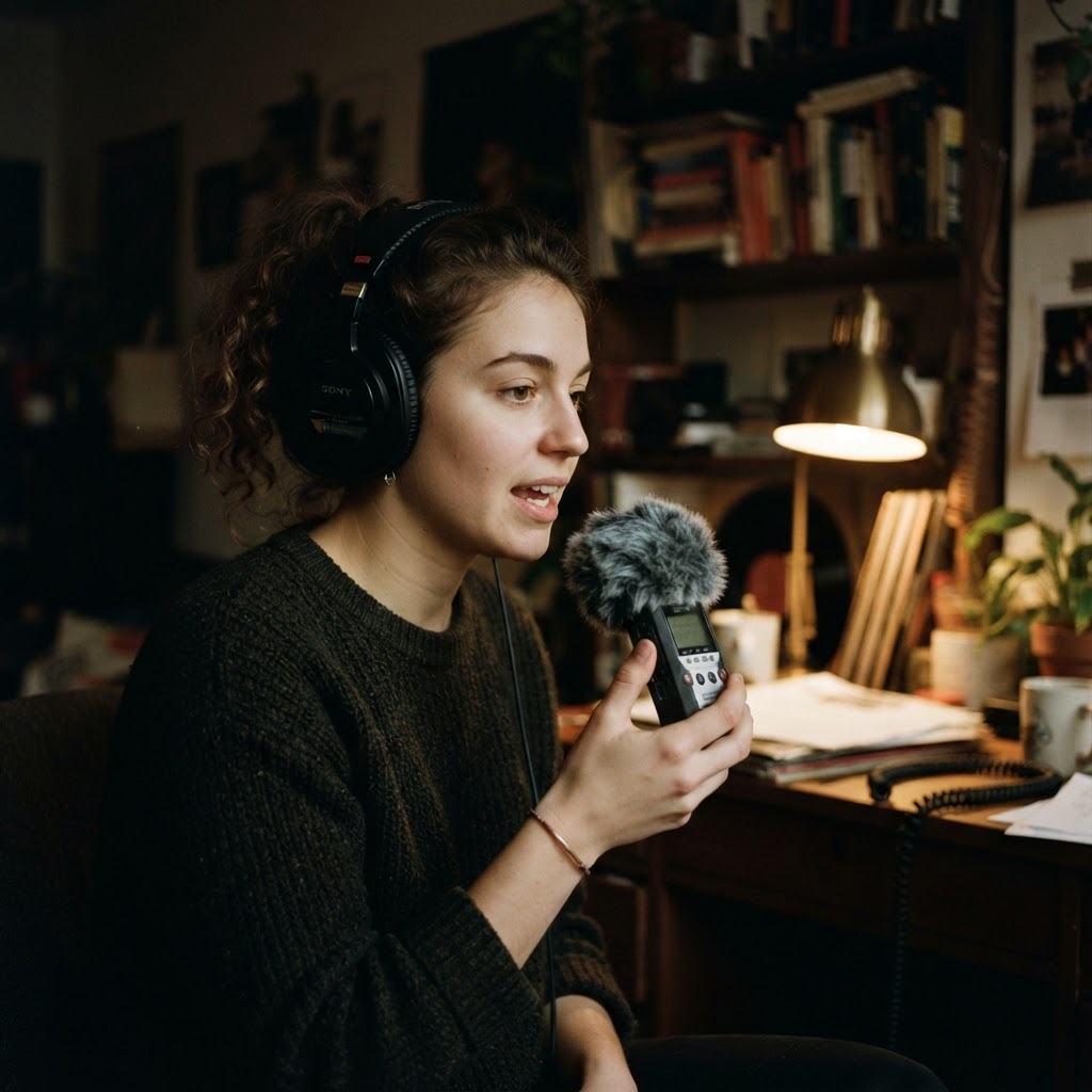 A contributor wearing over-ear headphones speaks into a handheld field recorder fitted with a windscreen, in a lived-in room.