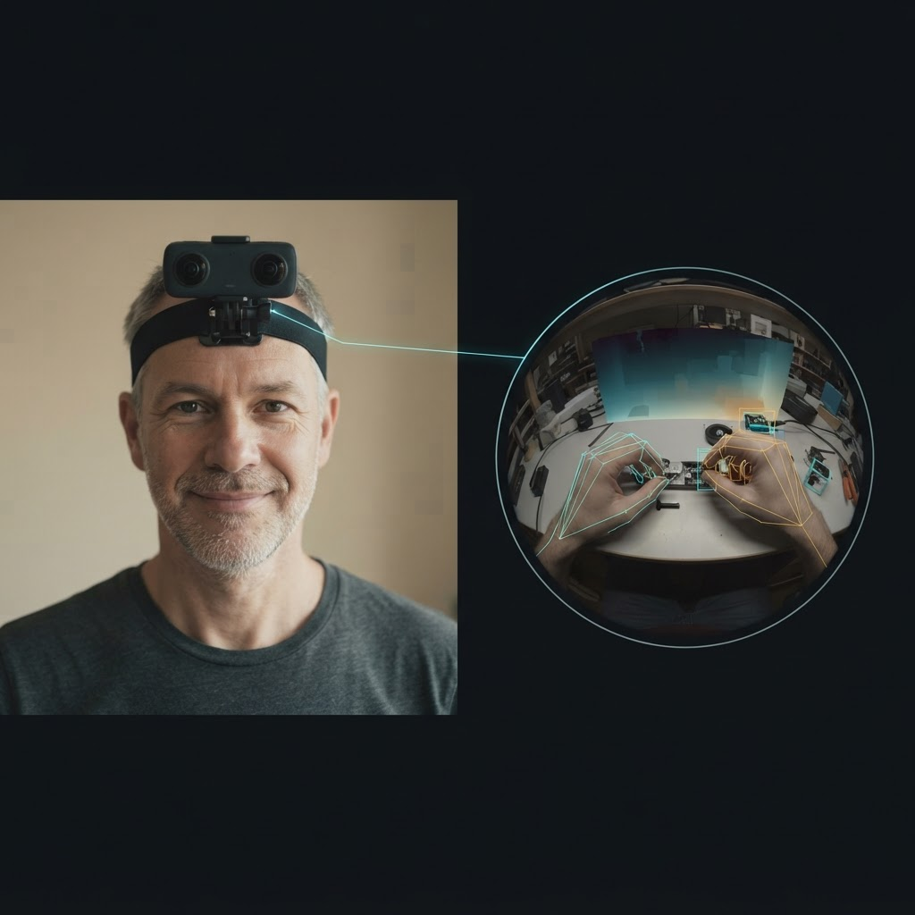 A contributor wearing a head-mounted camera beside a graphic of the first-person feed and annotation layers it produces.