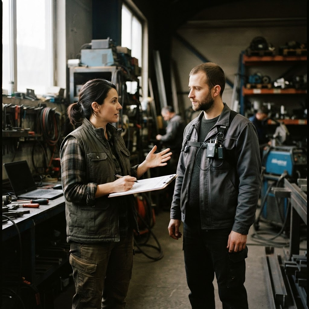 A coordinator with a clipboard briefs a contributor wearing a capture device in a workshop setting.