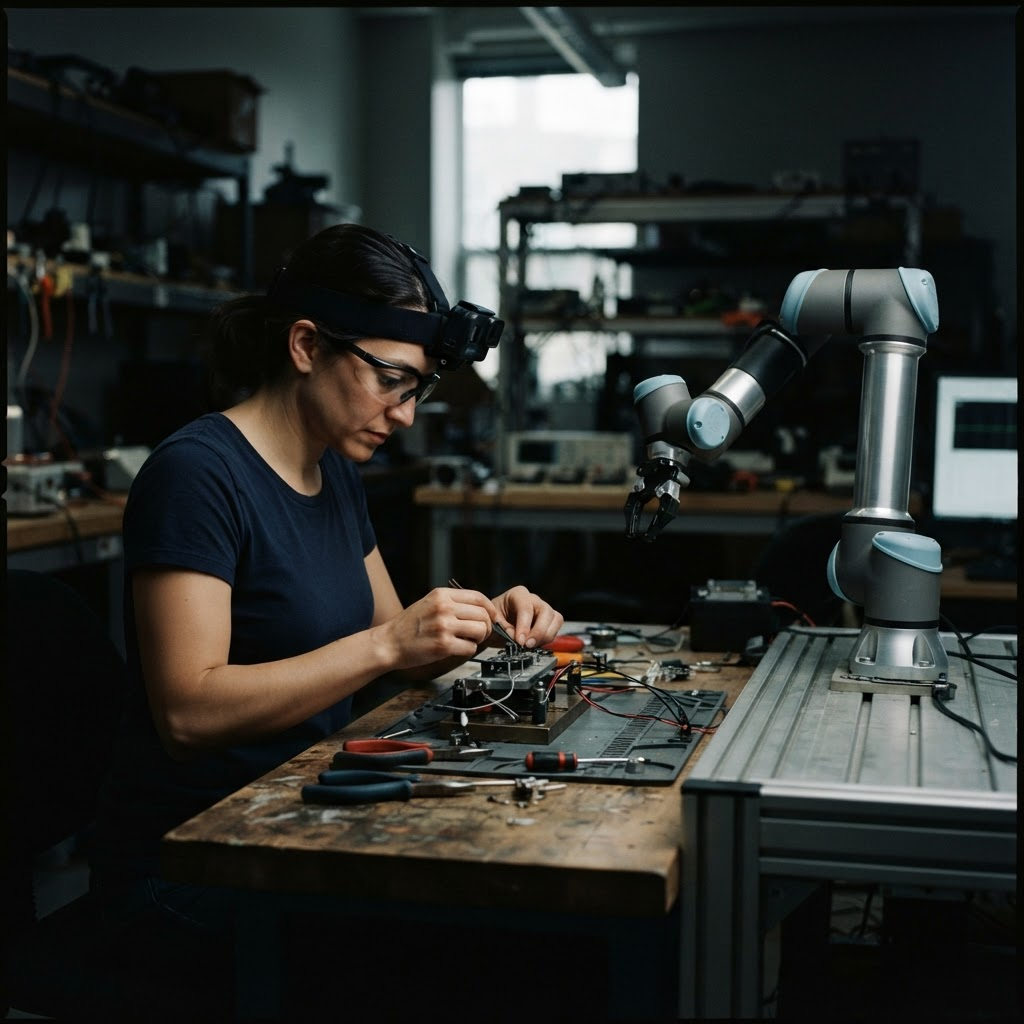 A person wearing a head-mounted camera performs a manual task at a workshop bench beside a collaborative robot arm.