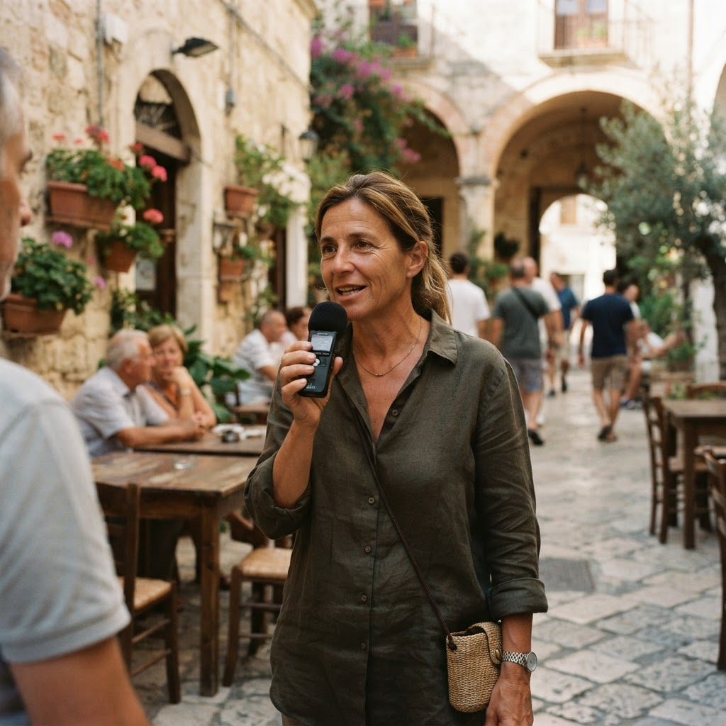 A contributor speaks into a handheld audio recorder in a sunlit courtyard, an everyday real-world setting.