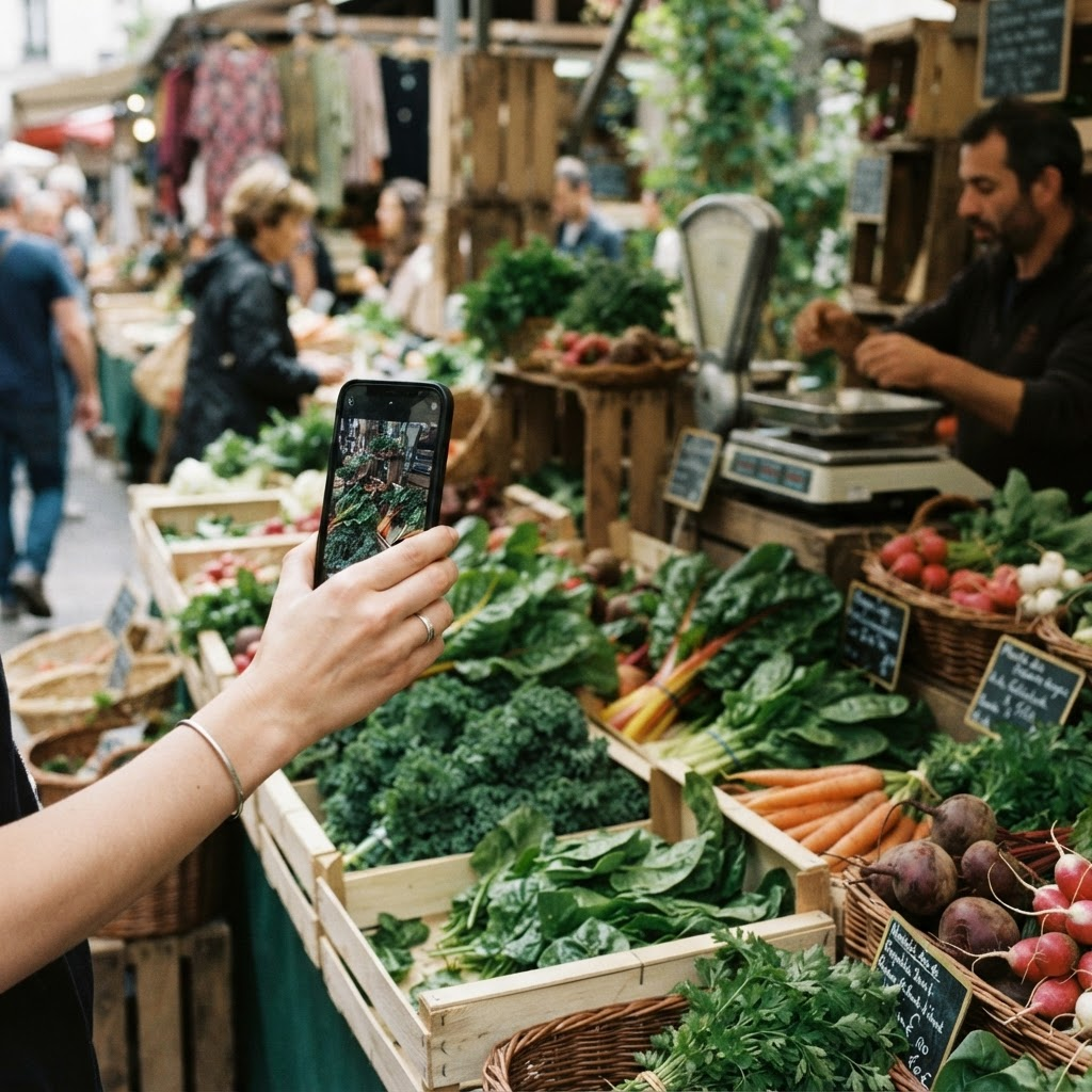 A hand holds a smartphone photographing fresh produce at an outdoor market stall, the framed shot visible on screen.