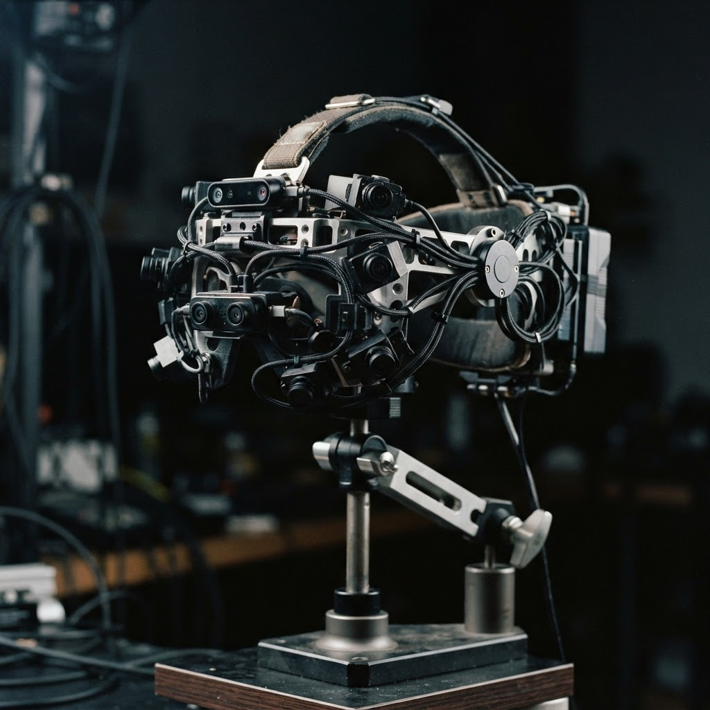 A multi-sensor head-mounted capture rig on a stand, with cameras, a depth sensor, and cabling, against a dark studio background.