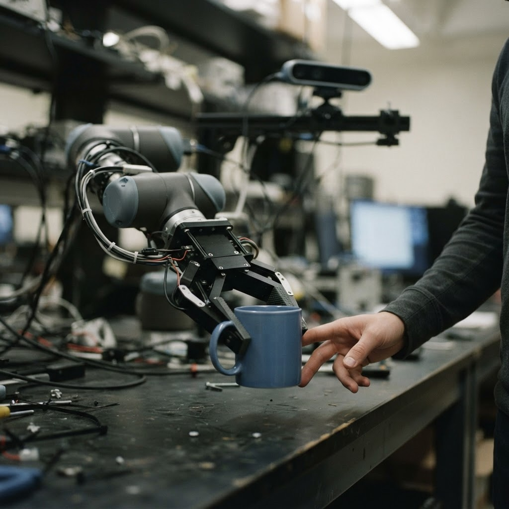 A robotic parallel gripper grasps a household object on a workbench beside a human hand mid-demonstration, with a depth sensor out of focus behind.