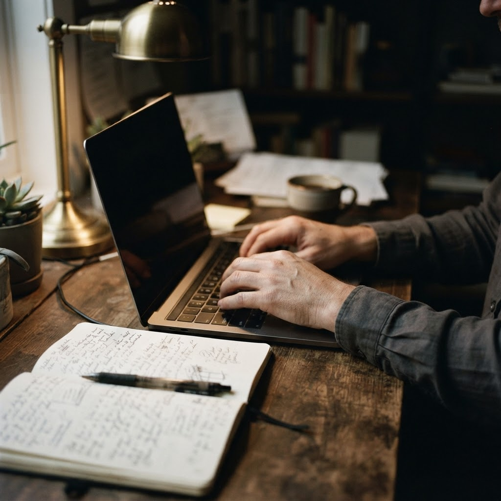 Hands typing on a laptop beside an open notebook filled with handwritten script, under a warm desk lamp.