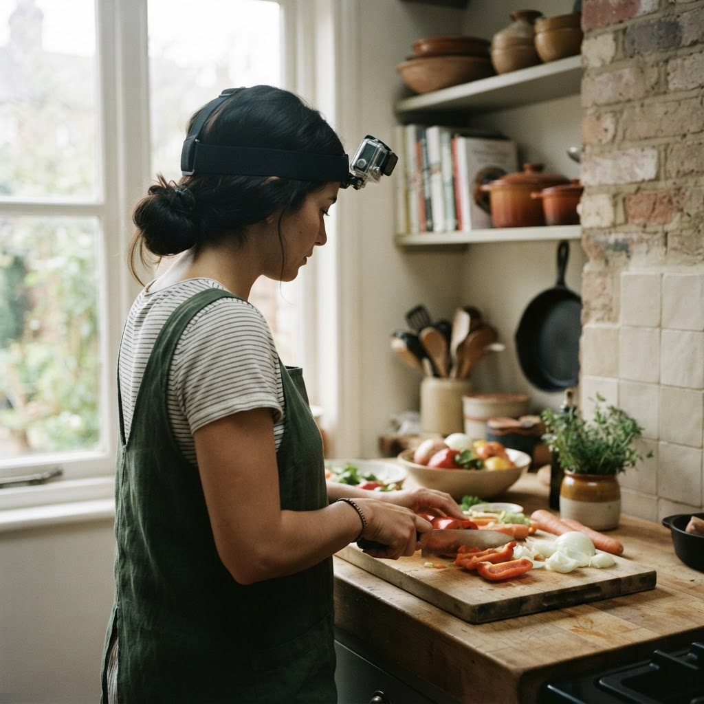 A person wearing a small head-mounted camera on an elastic strap chops vegetables at a kitchen counter.